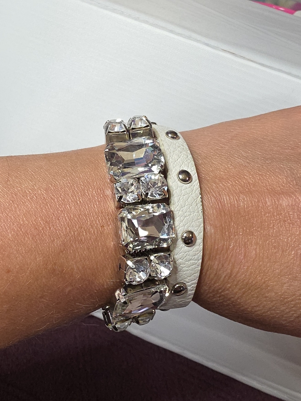 Crystal Statement Bracelet with White Leather Band